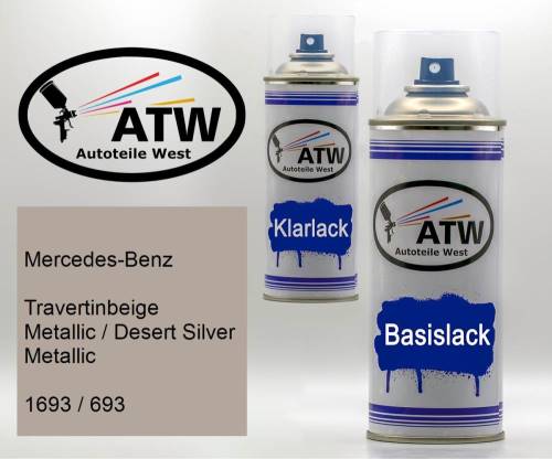 Mercedes-Benz, Travertinbeige Metallic / Desert Silver Metallic, 1693 / 693: 400ml Sprühdose + 400ml Klarlack - Set, von ATW Autoteile West.
